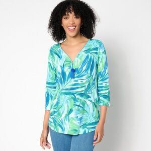 NWOT Belle by Kim Gravel Tropical Tassel Zipper V Neck Laguna Lido Top Stretchy